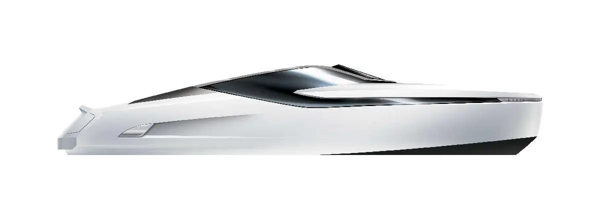 Sleek white motorboat design with a curved, glossy hull and black accents, showcasing modern marine craftsmanship.